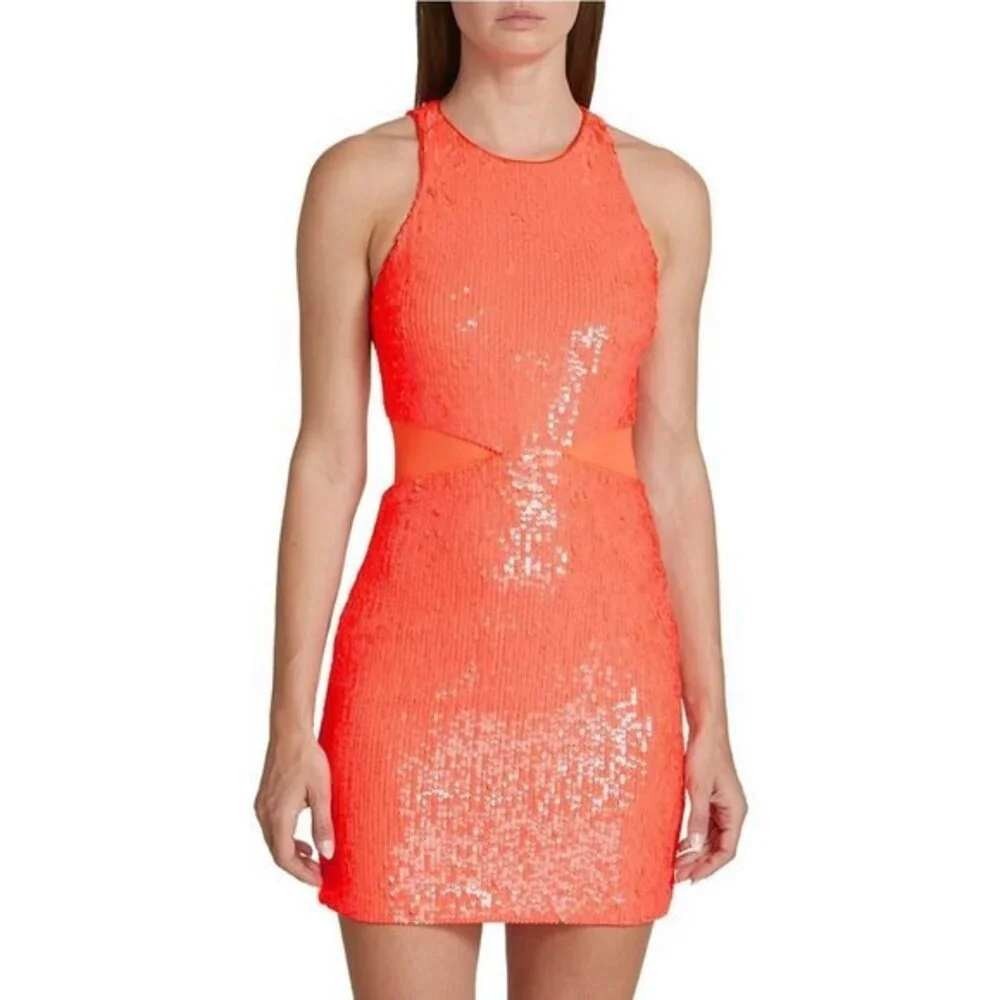 Alice + Olivia Mini Dress Womens 12 Neon Orange Sequin Mesh Cutout CC206E69537